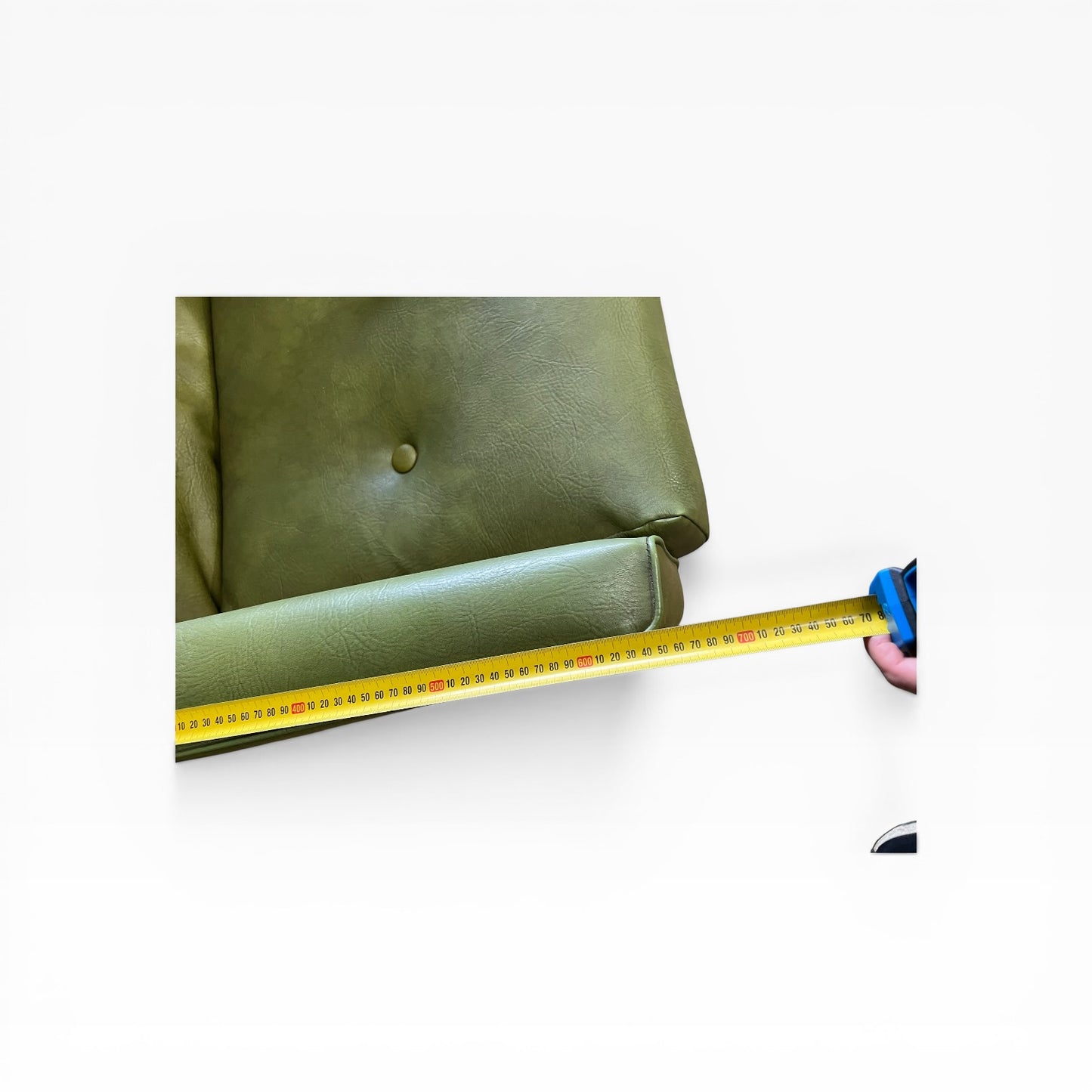 Olive Green Vinyl Lounge Armchair with Timber Sleigh Base