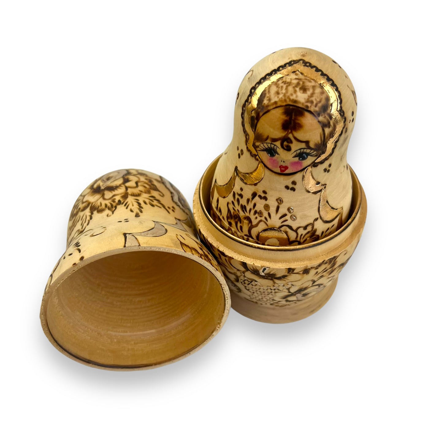 Russian Matryoshka Nesting Dolls Set of 5 - Hand-Painted Gold and Brown Floral Design