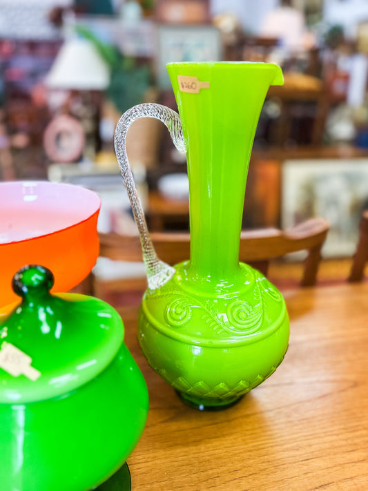 Lime Green Art Glass Ewer Vase with Clear Applied Handle – Decorative Scroll Detail