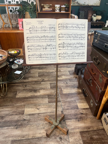 Adjustable Carved Timber Music Stand with Brass & Timber Base