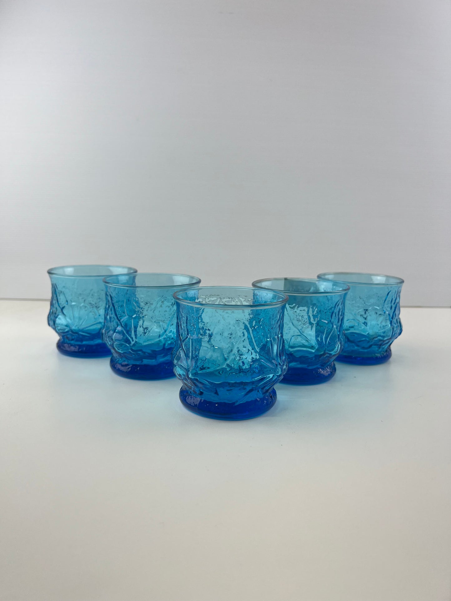 Anchor Hocking Rainflower Laser Blue Glasses- Set of 5 Vintage 1970s