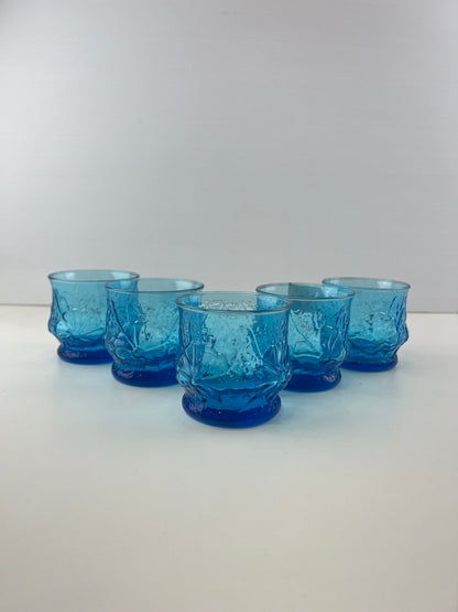 Anchor Hocking Rainflower Laser Blue Glasses- Set of 5 Vintage 1970s