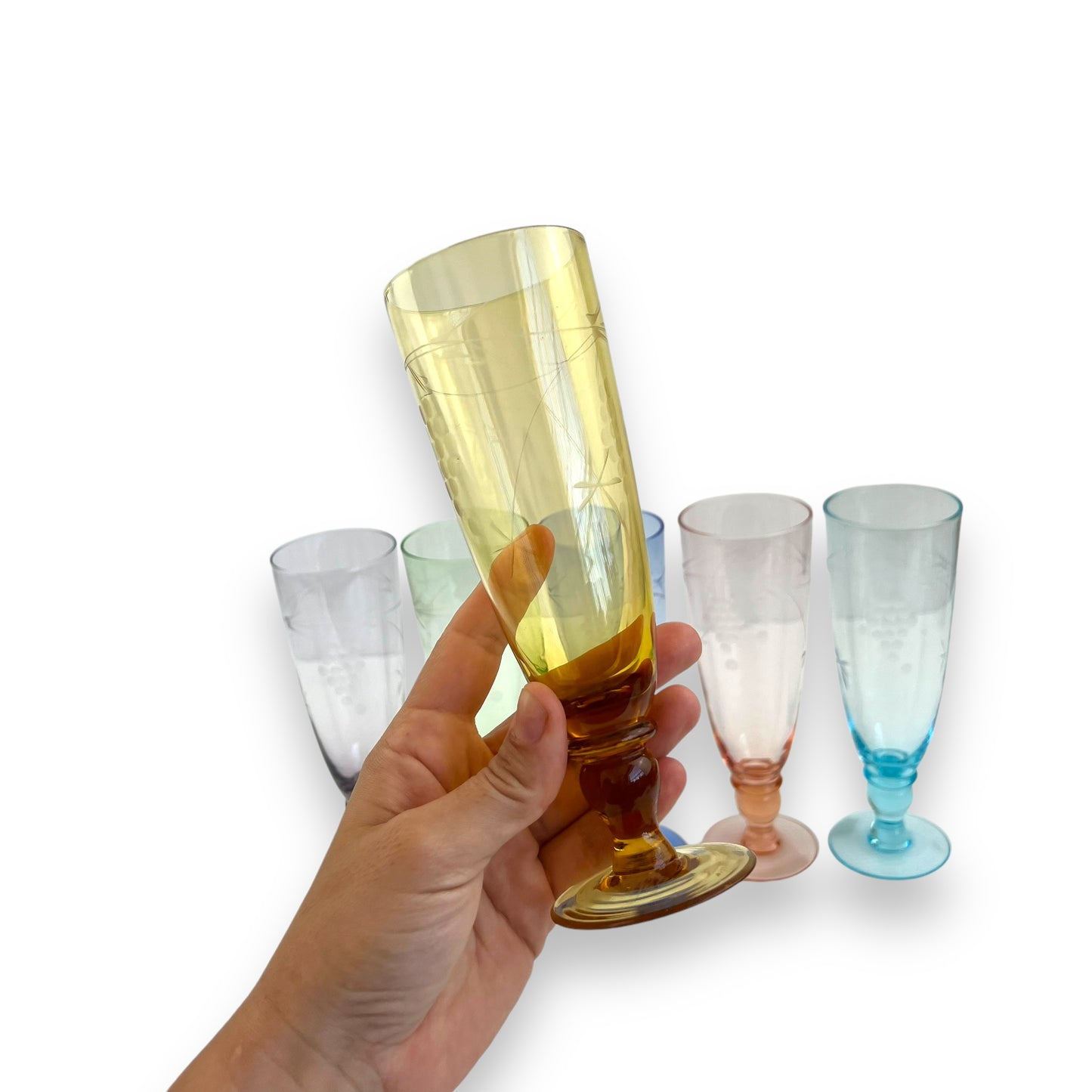 Set of 6 Vintage Etched Glasses – Multicoloured Grape Motif – Wine or Champagne