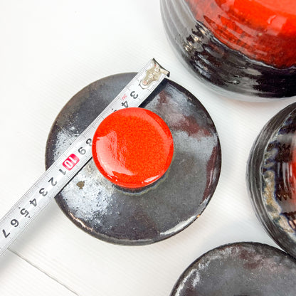 Mid Century Redish Orange & Black Glazed Kitchen Storage Jar Canisters with matching lids