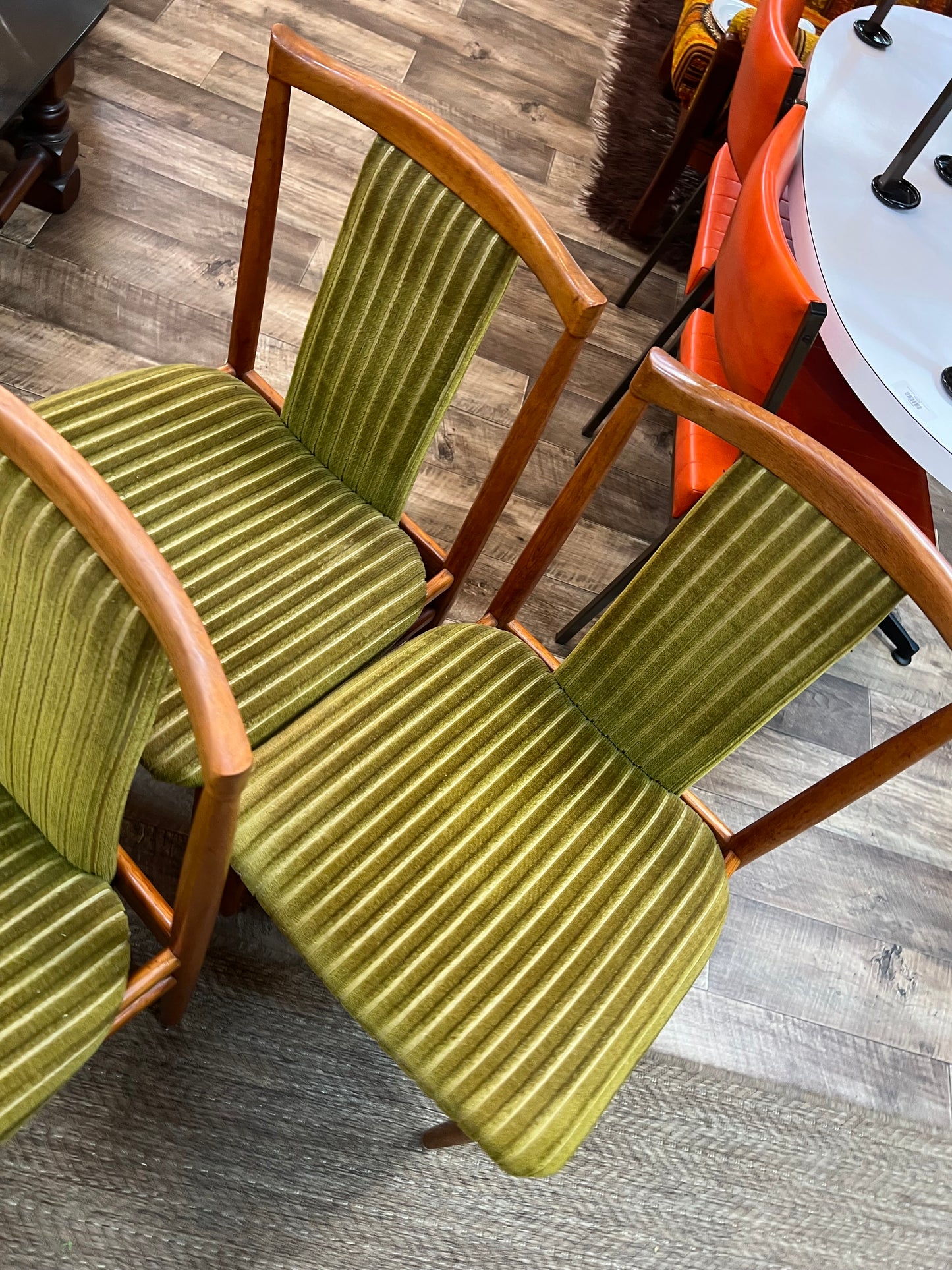 Set of 6 Vintage Burgess Dining Chairs | Mid Century Timber & Green Velvet