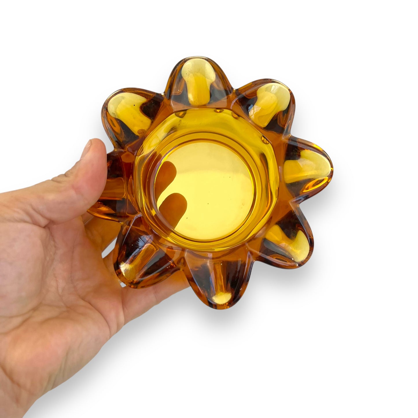 Amber Glass Ashtray or Trinket Dish – Crimped Edge – Mid-Century