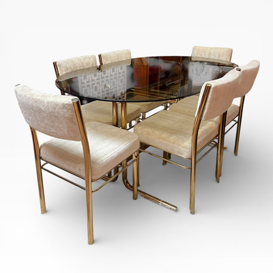 Brass & Smoked Glass Dining Table with 6 Chairs cream upholstery
