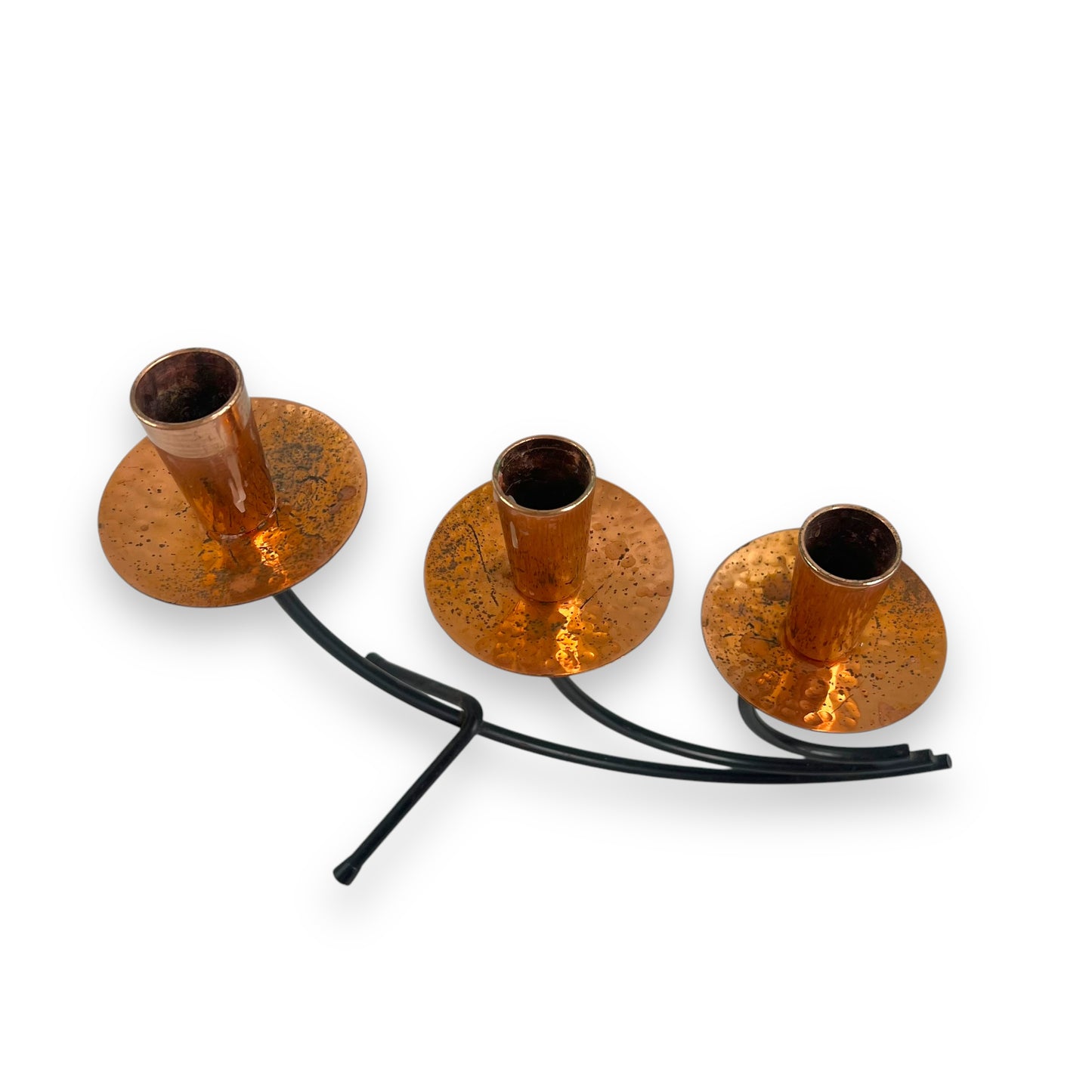 MCM 3-Arm Candle Holder with Copper Detailing | Vintage Metal Candelabra