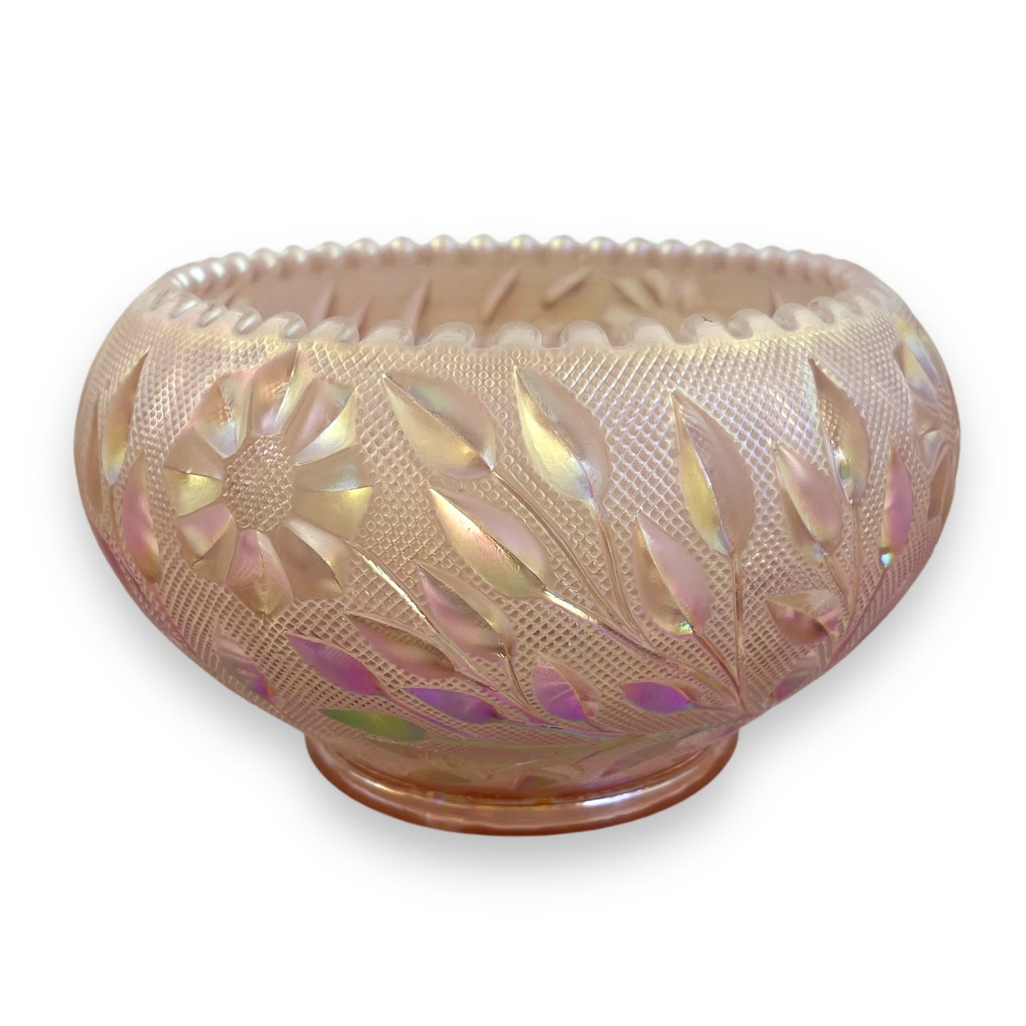 Fenton Pink Iridescent Glass Bowl - Ombré Floral & Leaf Design with Button Edge