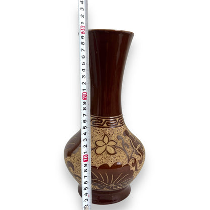 Large brown flower etched vase
