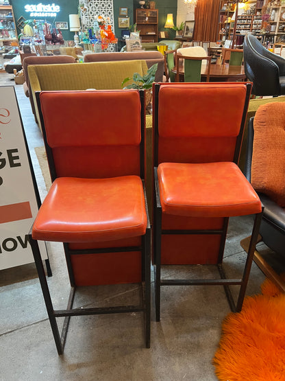 Pair of Vintage Orange Vinyl Bar Stools with Decorative Timber Backs