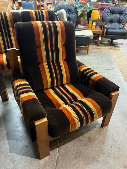 #1 Danish Deluxe Armchair – Original Brown, Orange & Gold Striped Upholstery