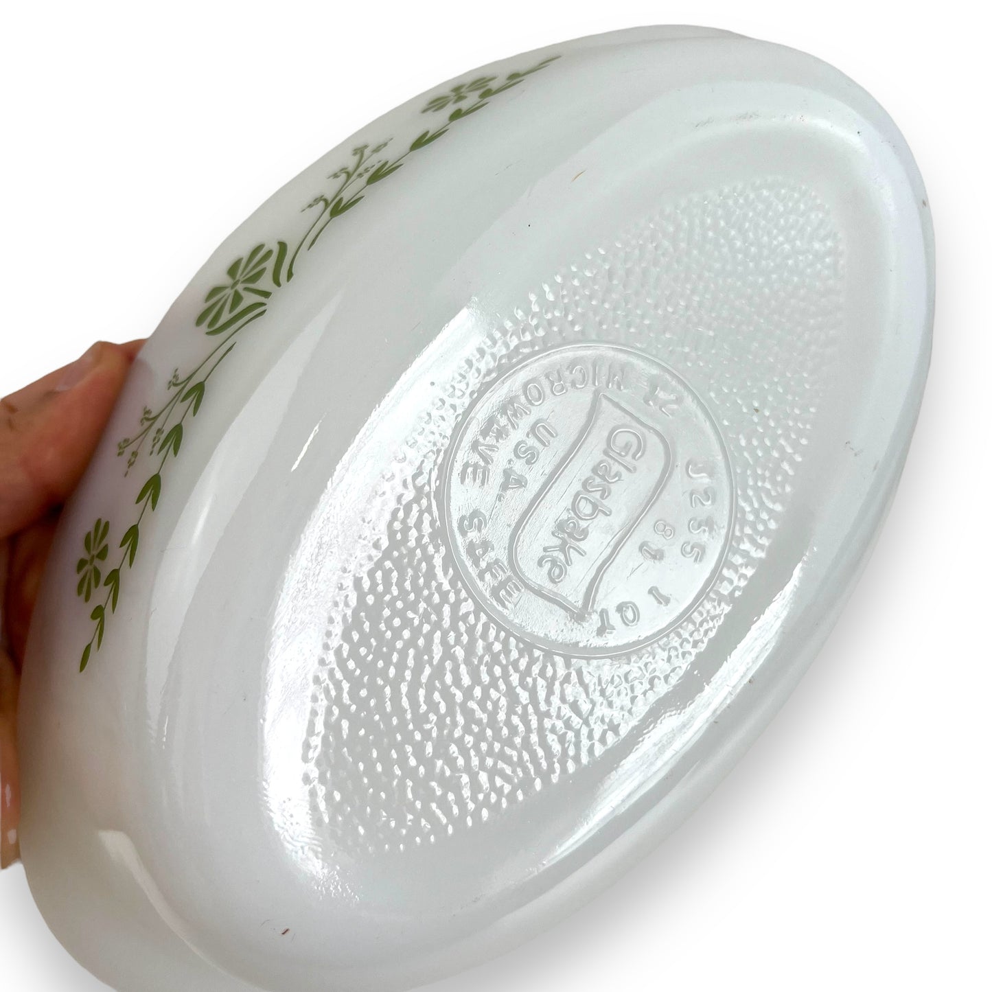 Glasbake oval white glass dish with clear lid and geeen decal