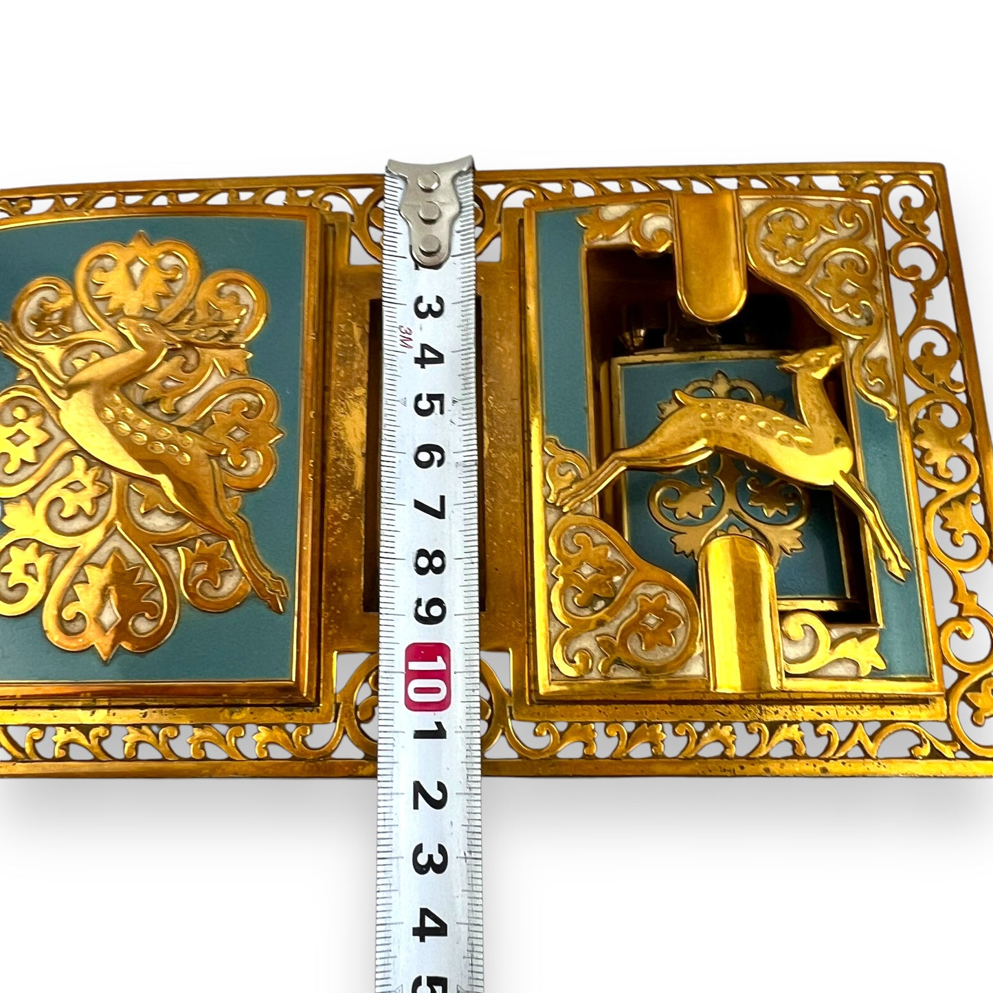 Brass Ornate Cigarette Holder, Lighter, and Ashtray with Leaping Deer Design – Elegant Mid-Century Smoking Set