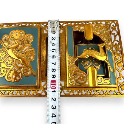 Brass Ornate Cigarette Holder, Lighter, and Ashtray with Leaping Deer Design – Elegant Mid-Century Smoking Set