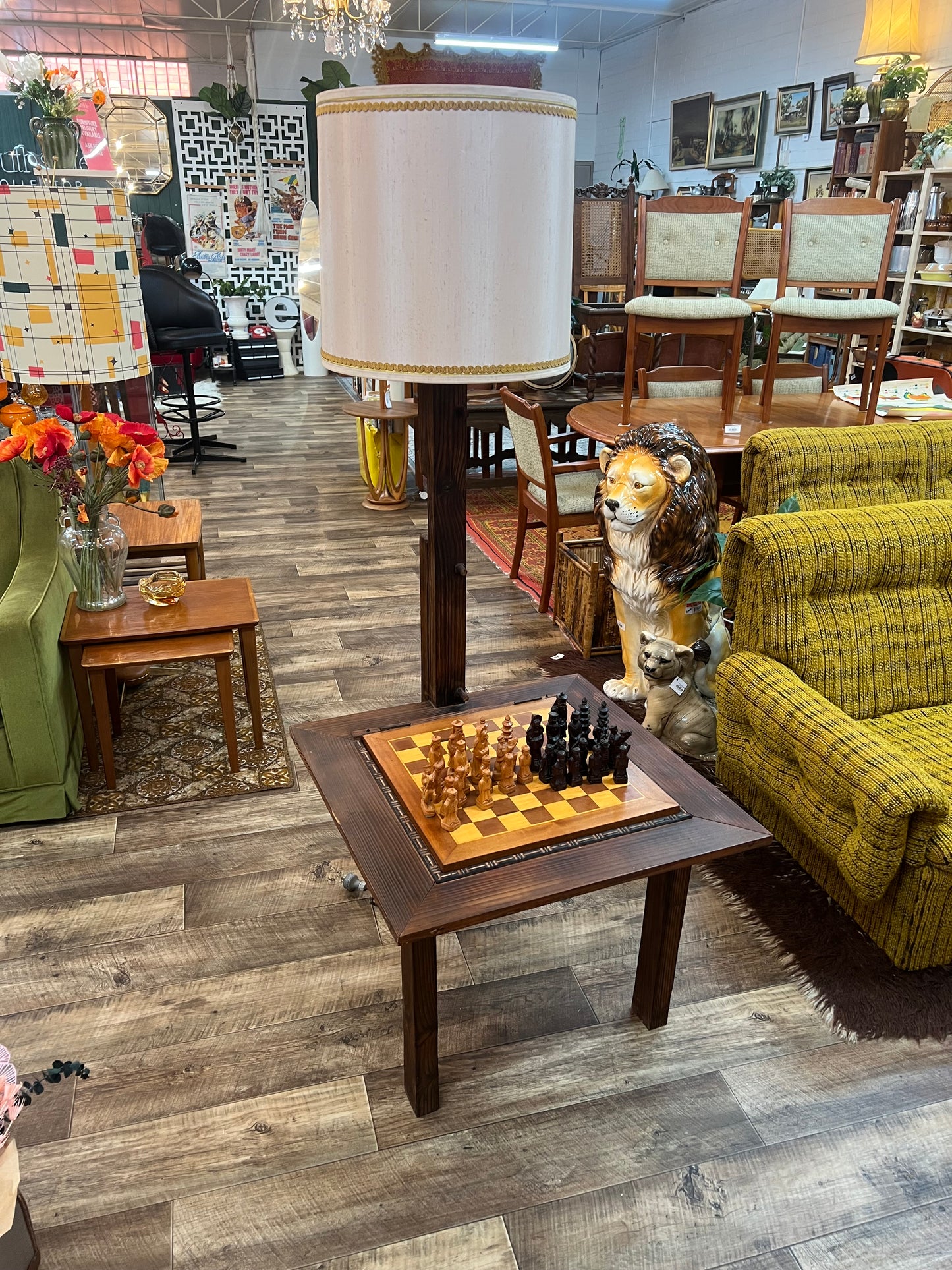 Timber Chess / Games Coffee Table with Hidden Storage Compartment & Lamp