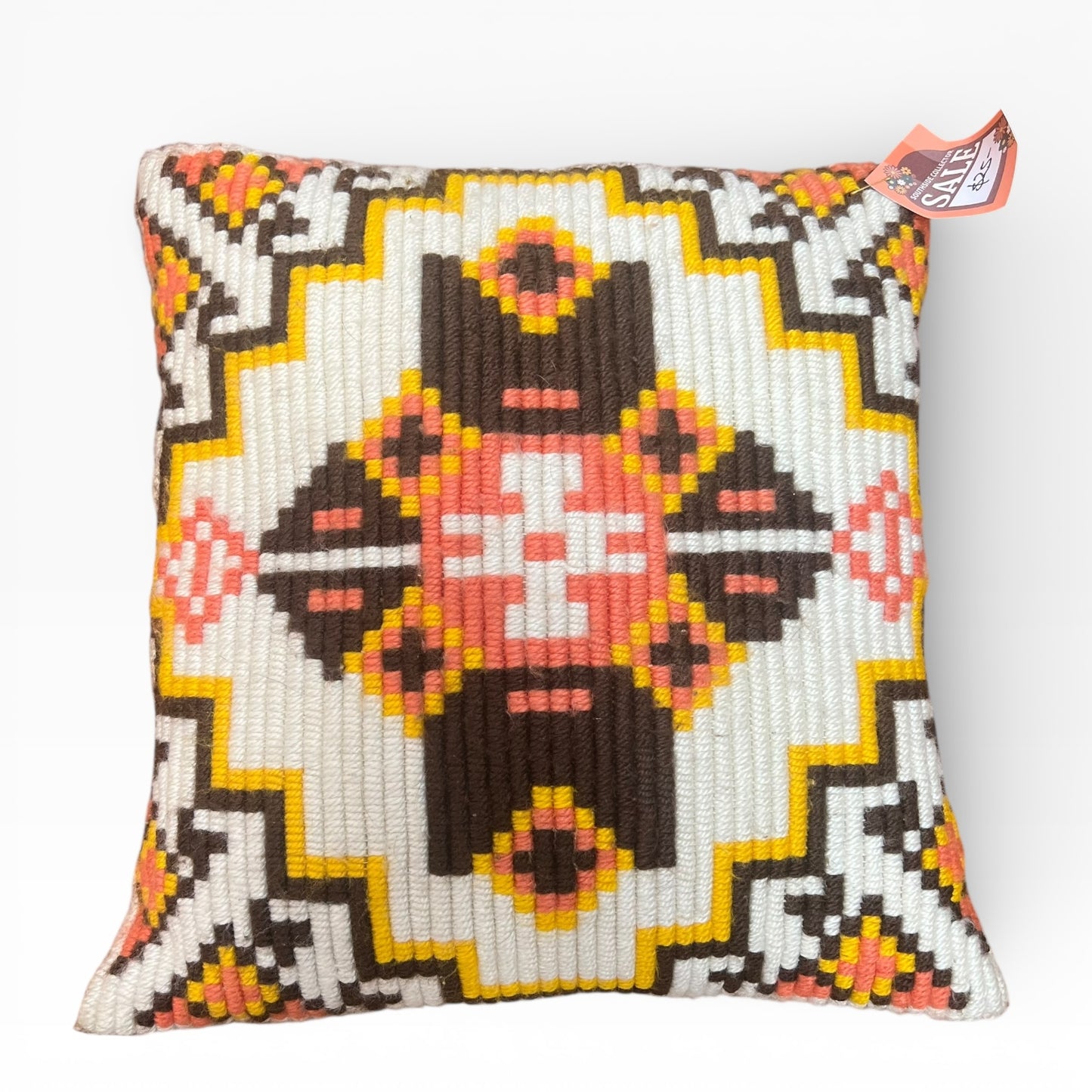 Handwoven Wool Cushion – Geometric Pattern (Cream / Brown / Peach / Yellow)