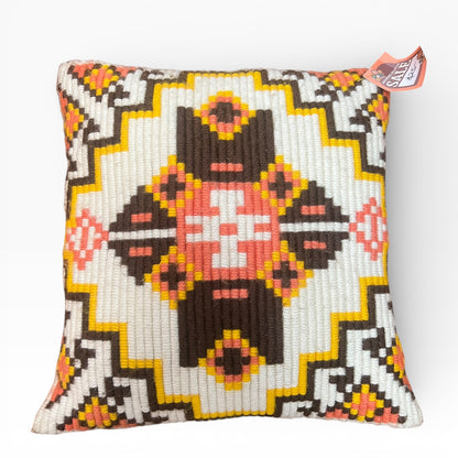 Handwoven Wool Cushion – Geometric Pattern (Cream / Brown / Peach / Yellow)