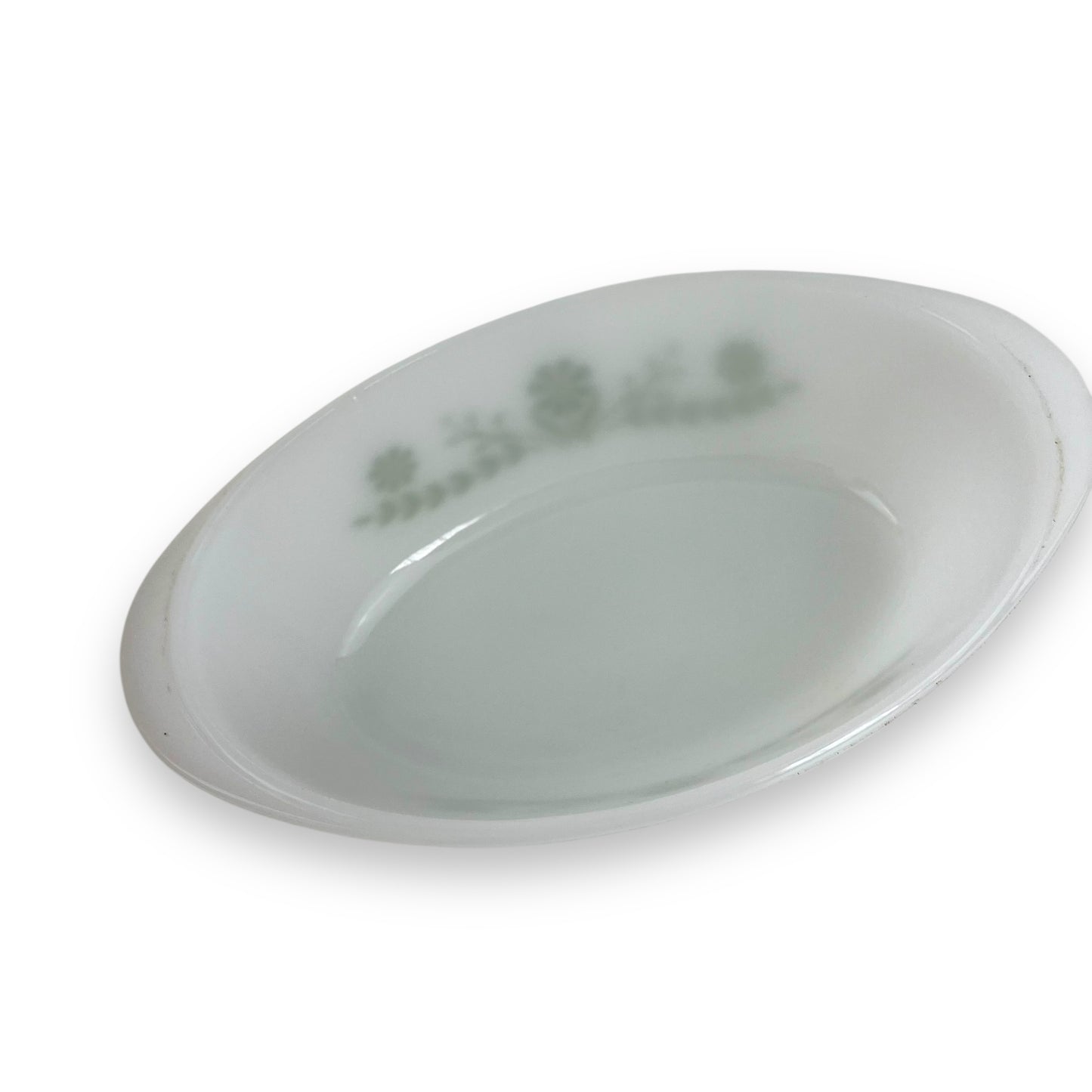 Glasbake oval white glass dish with clear lid and geeen decal
