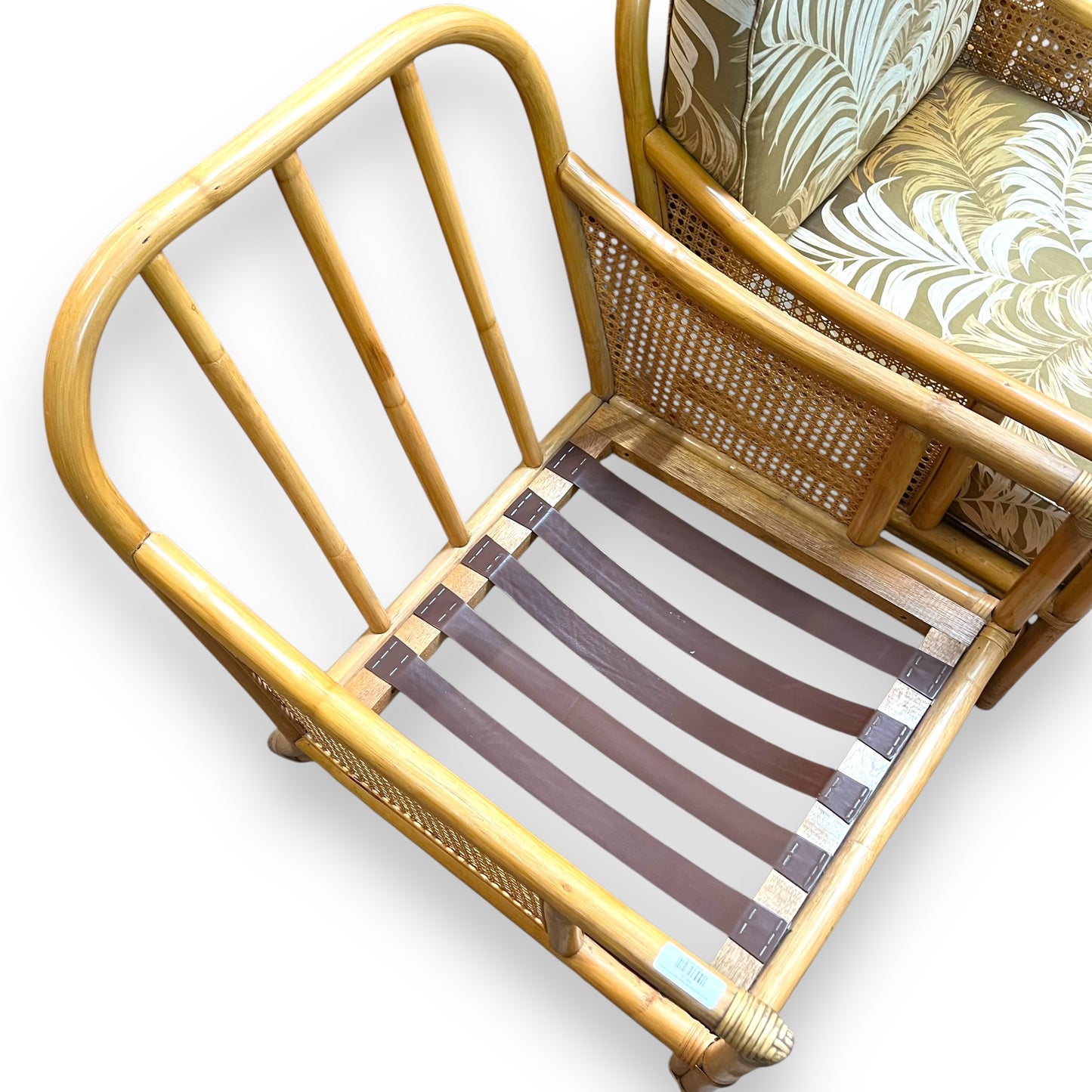Cane Lounge Chair with brown palm print cushions