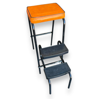 Folding Kitchen Step Stool with Orange Vinyl Seat
