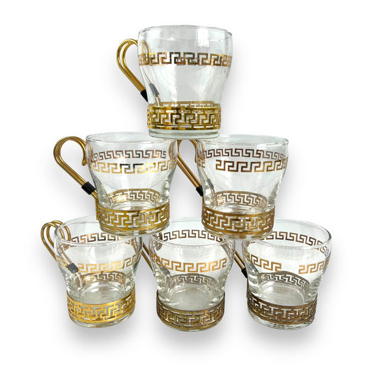 Libbey Greek Key Gold Coffee Mugs With Brass Handles set of 6
