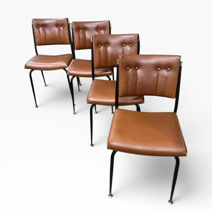 Set of 4 Mid Century Brown Vinyl Dining Chairs with Black Metal Frames
