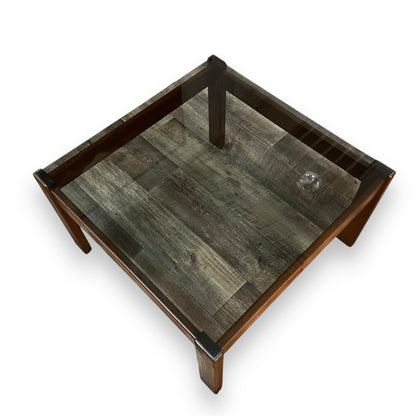 Square wooden frame coffee table with smoky glass top