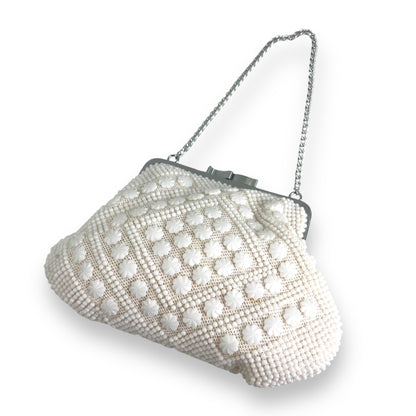 Vintage white Beaded Purse with silver metal clasp and short chain handle