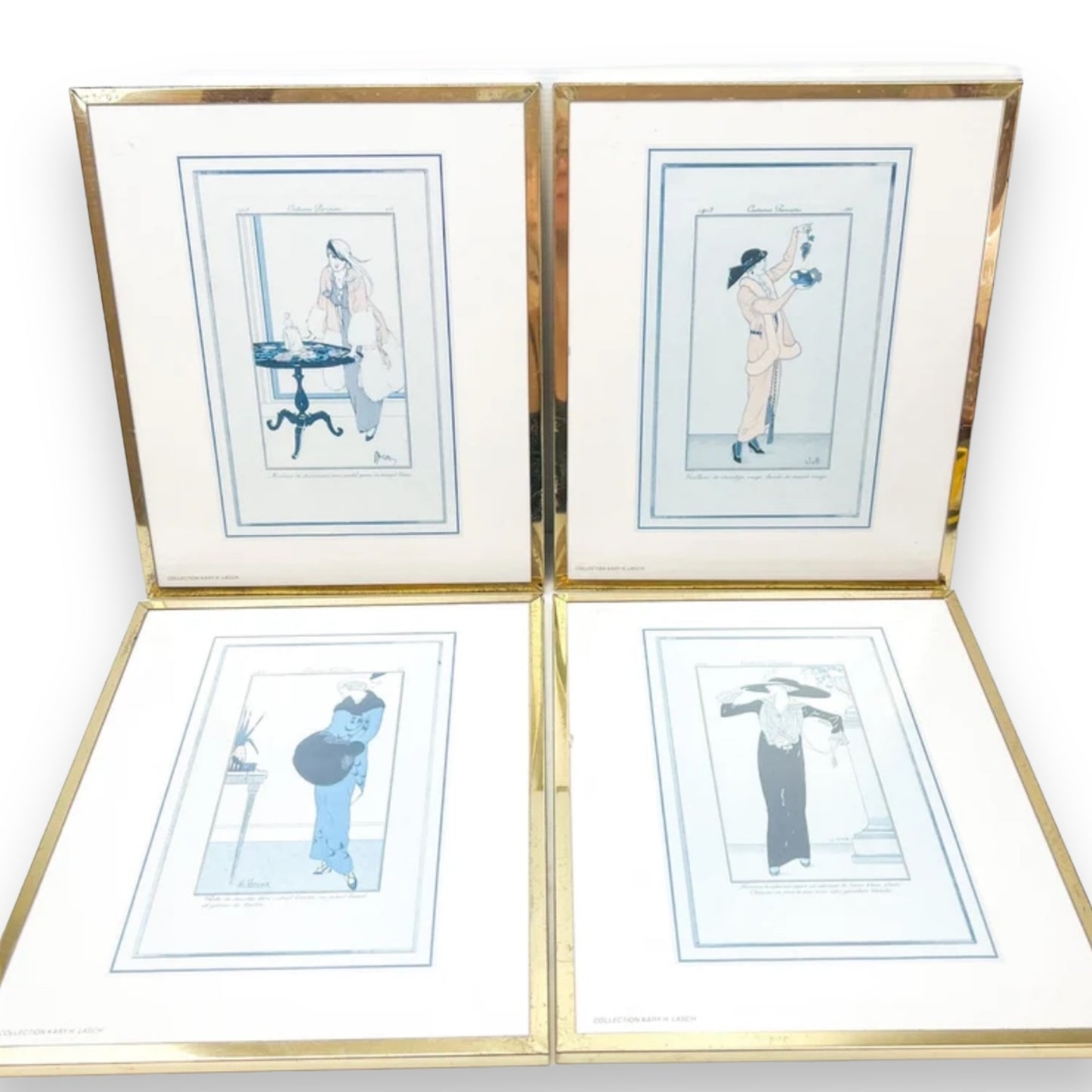 Vintage prints of ladies in elegant clothing brass frames set of 4