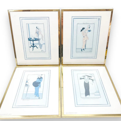 Vintage prints of ladies in elegant clothing brass frames set of 4