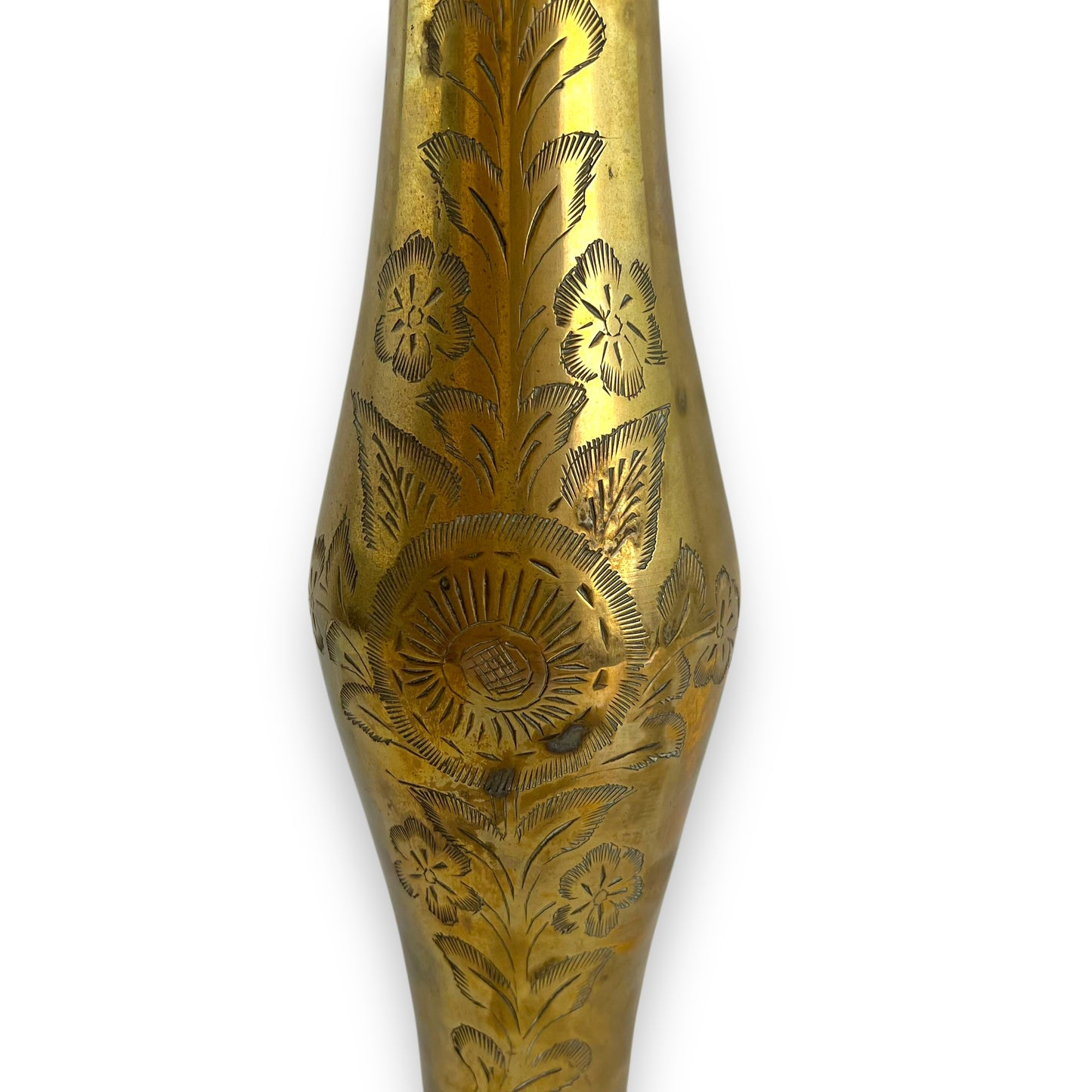 Tall brass vase with etched flower design