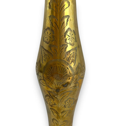 Tall brass vase with etched flower design