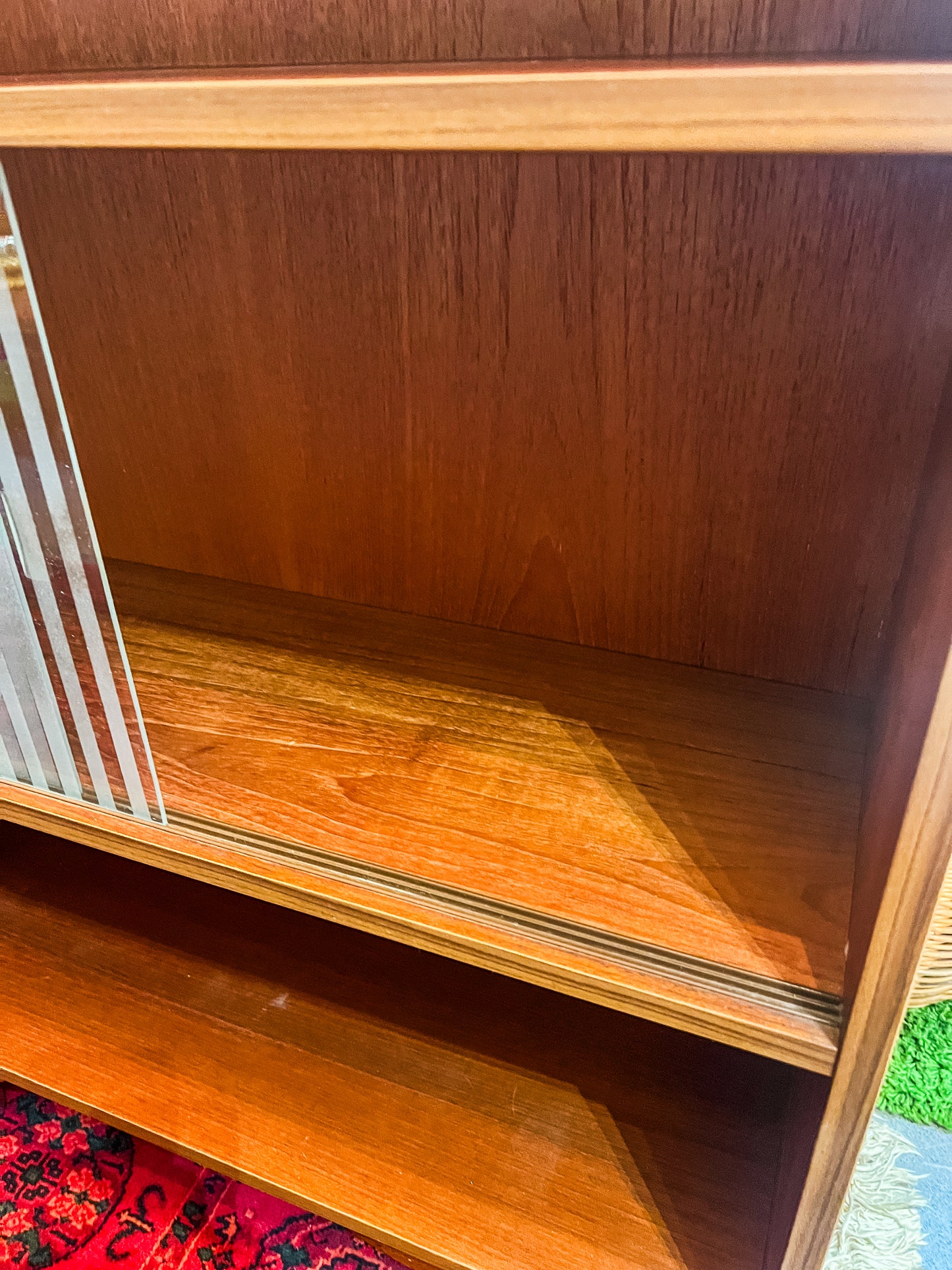 Mid-Century Danish Teak Bookcase with Ribbed Glass Sliding Doors, 1960s