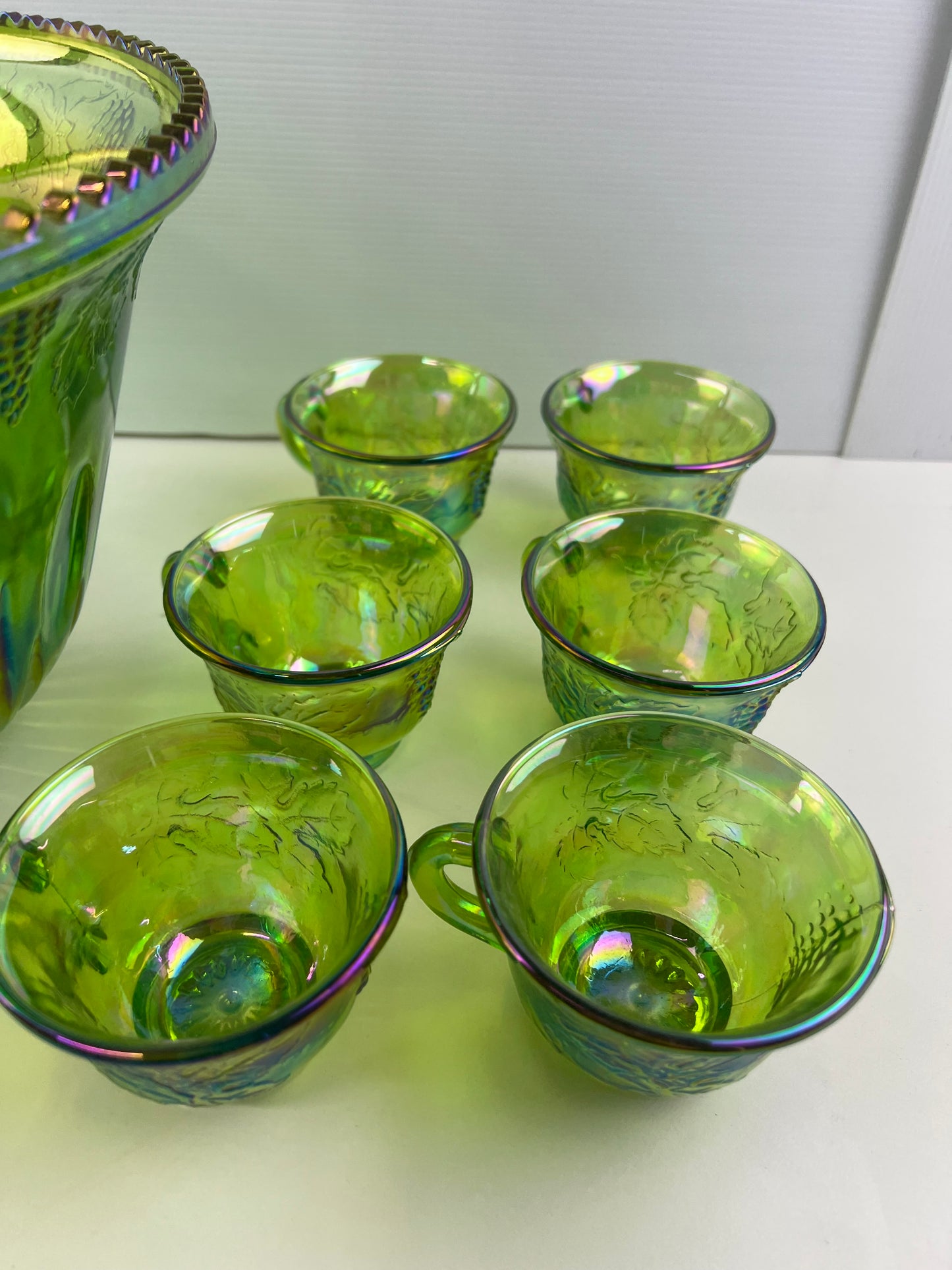 Green Carnival Glass Punch Bowl Set – 12 Cups, Ladle & Hooks
