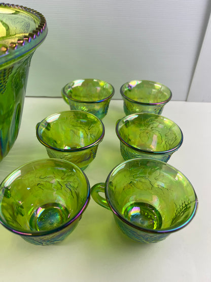 Green Carnival Glass Punch Bowl Set – 12 Cups, Ladle & Hooks