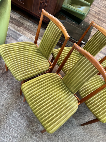 Set of 6 Vintage Burgess Dining Chairs | Mid Century Timber & Green Velvet