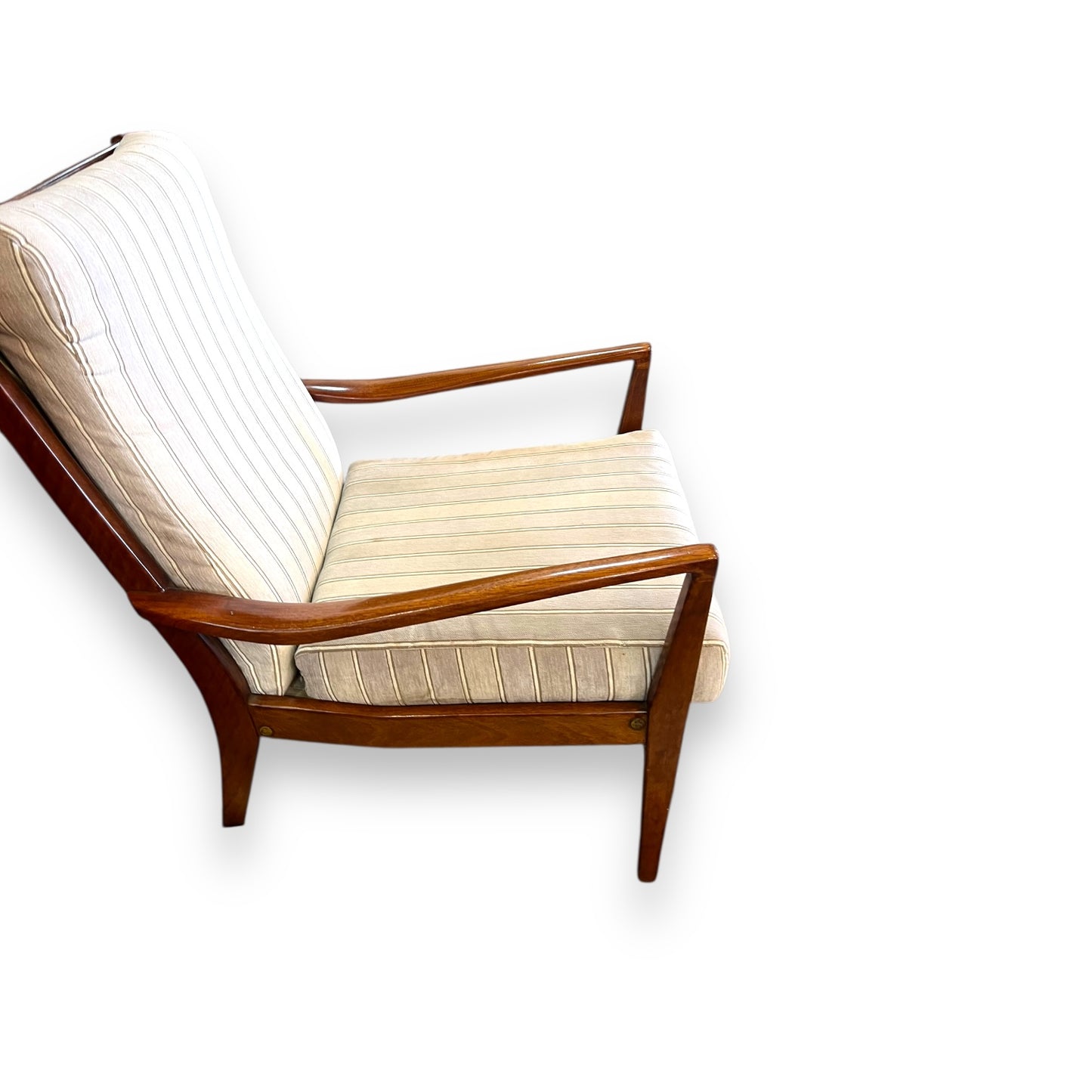 TH Brown Mid-Century Armchair – Teak Frame with Striped Upholstery