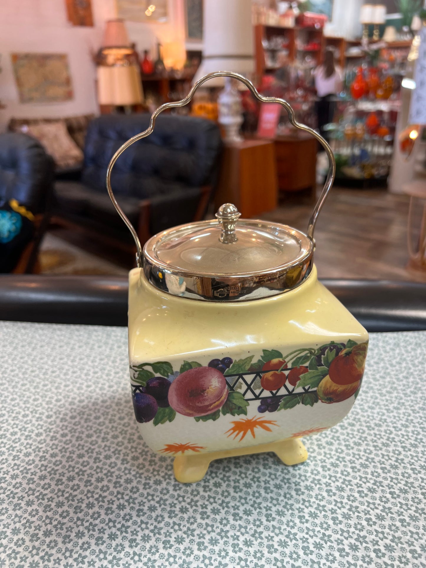 Sadler Fruit Design Biscuit Jar with Chrome Lid & Handle – Made in England