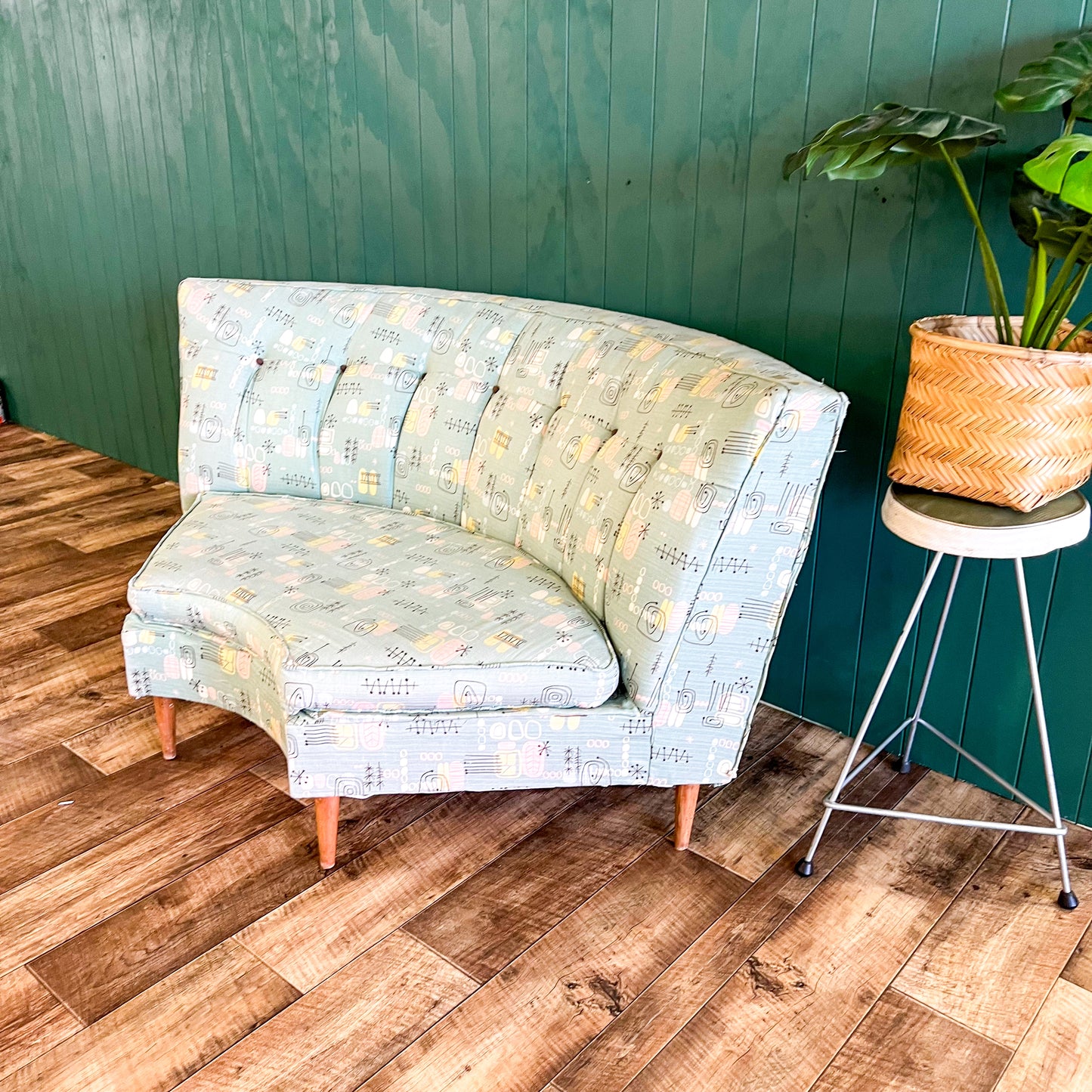 Retro Corner Lounge Piece with Atomic Barkcloth Upholstery Fabric