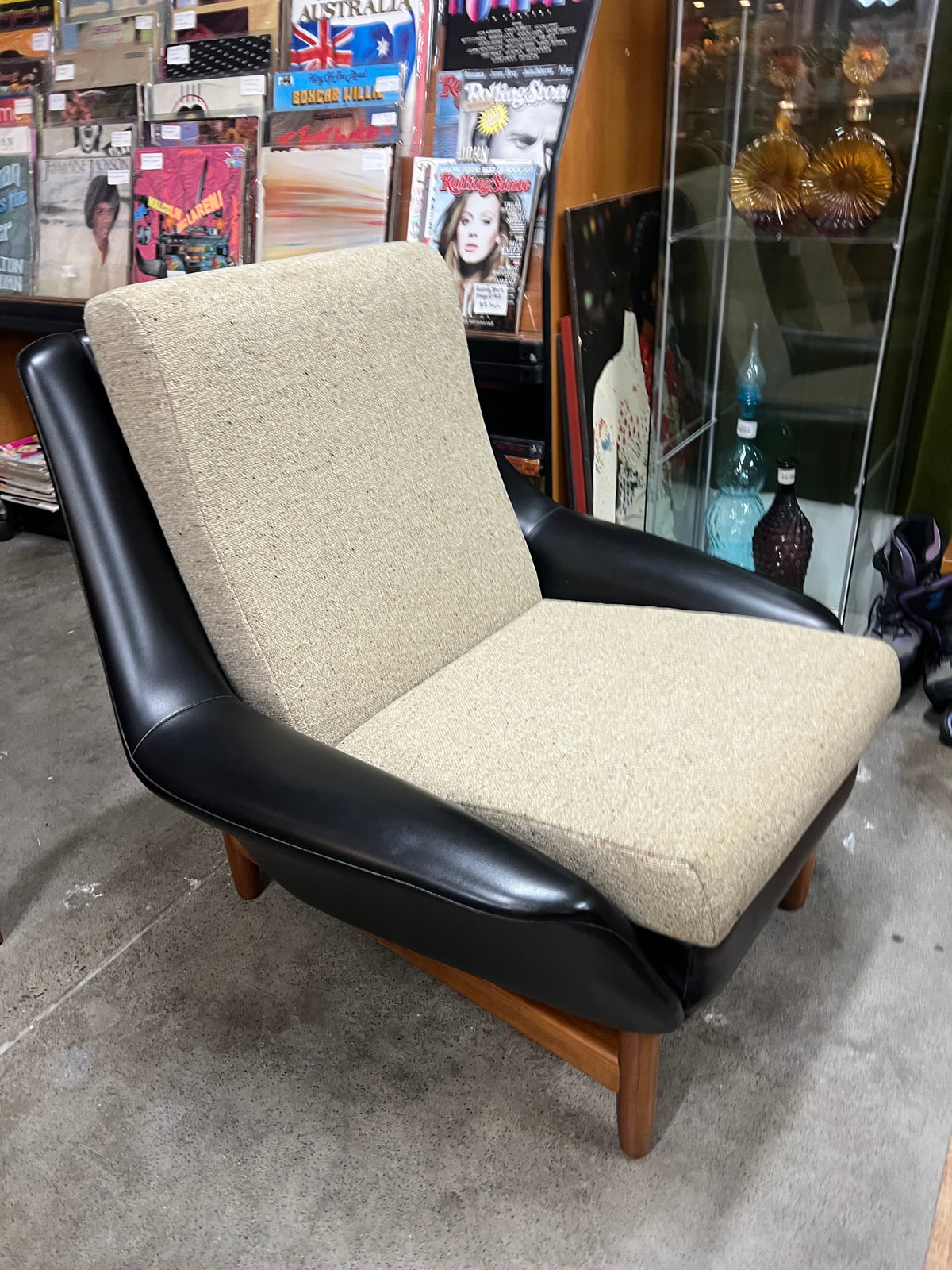 #2 Danish Deluxe Armchair – Black Vinyl & Cream Upholstery