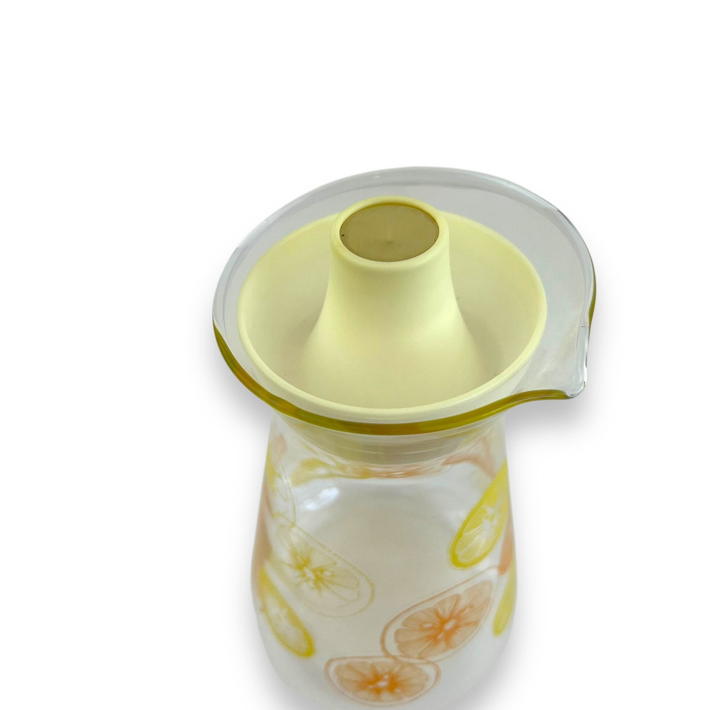 Pyrex Glass Carafe – USA Made, Citrus Slice Print, Mid-Century Pitcher with Lid