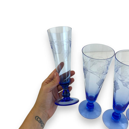 Blue grape etched cocktail flute glass set of 6