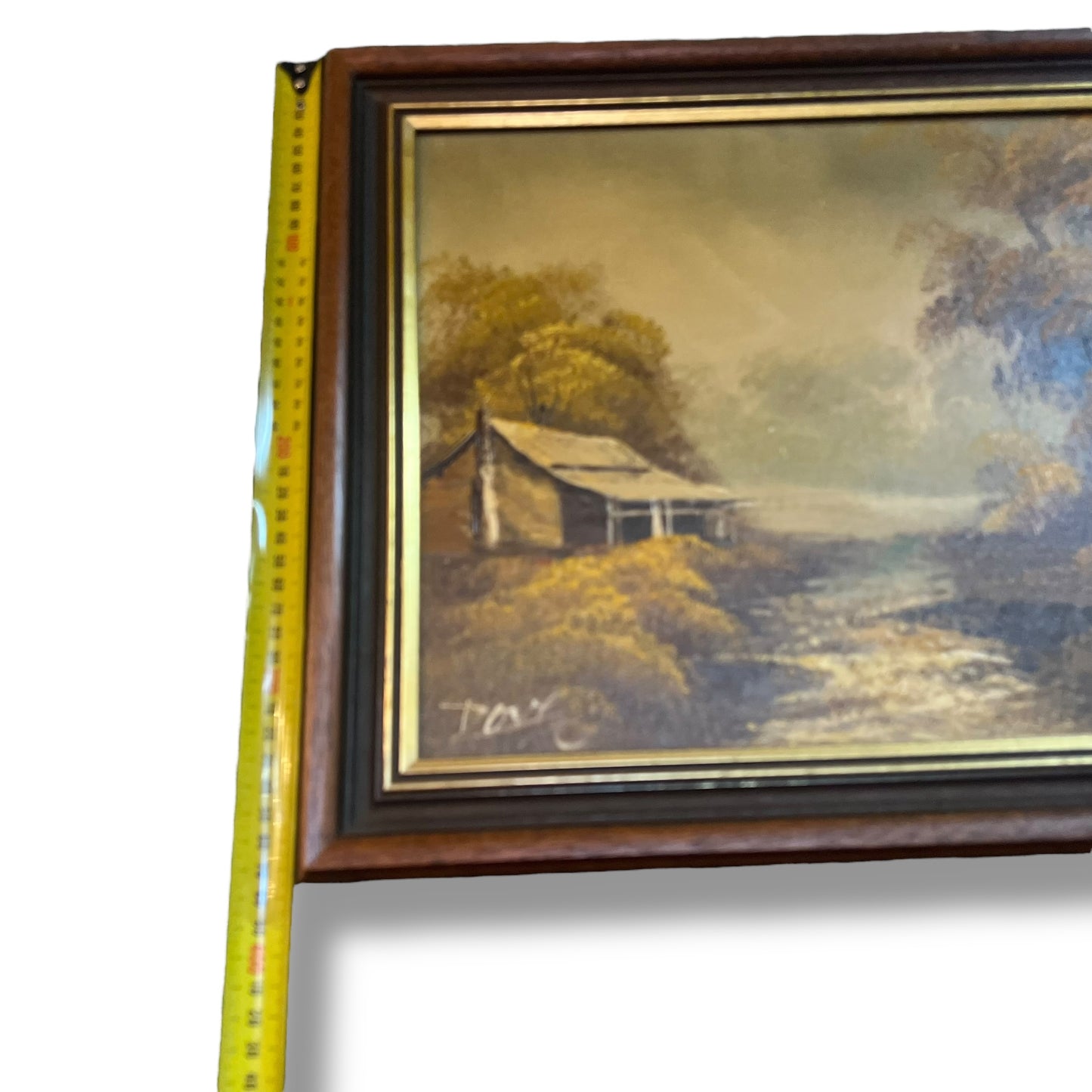 Rustic Cabin in Autumn Landscape – Vintage Framed Oil Painting Reproduction