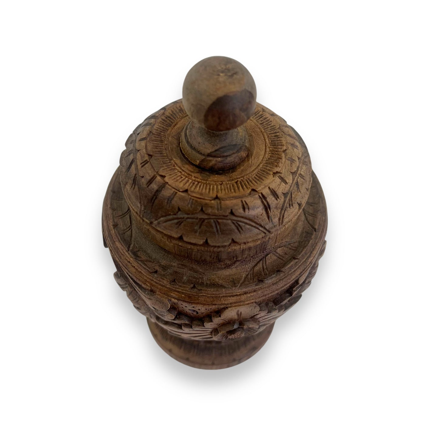 Hand-Carved Wooden Decorative Jar with Lid – Intricately Floral Design