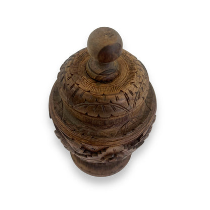 Hand-Carved Wooden Decorative Jar with Lid – Intricately Floral Design