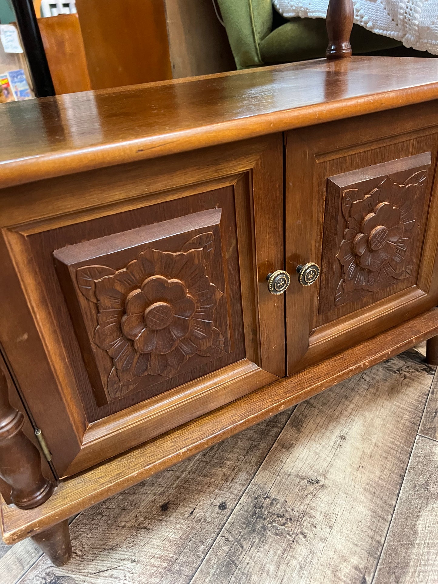 Display Cabinet with Hand-Carved Wooden Flower Doors