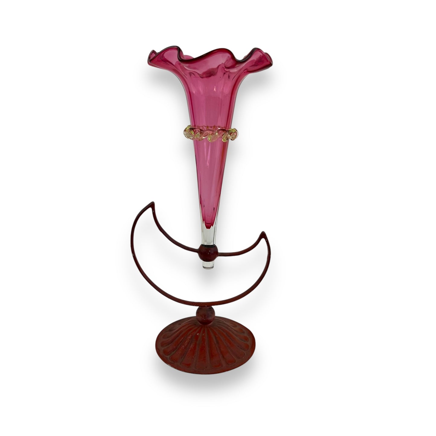 Victorian Cranberry Glass Jack-in-the-Pulpit Vase with Metal Moon Stand (1850-1899)