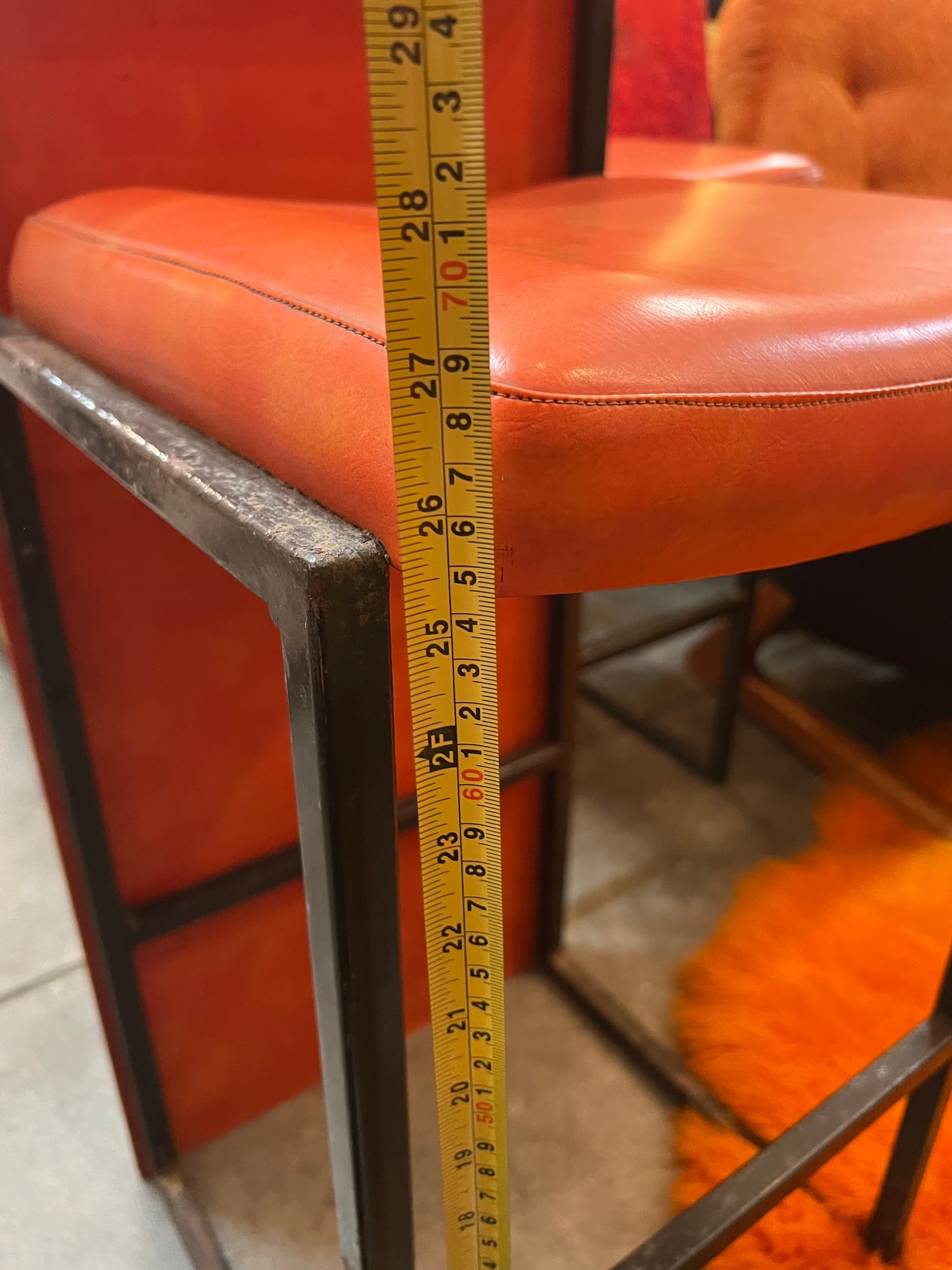 Pair of Vintage Orange Vinyl Bar Stools with Decorative Timber Backs