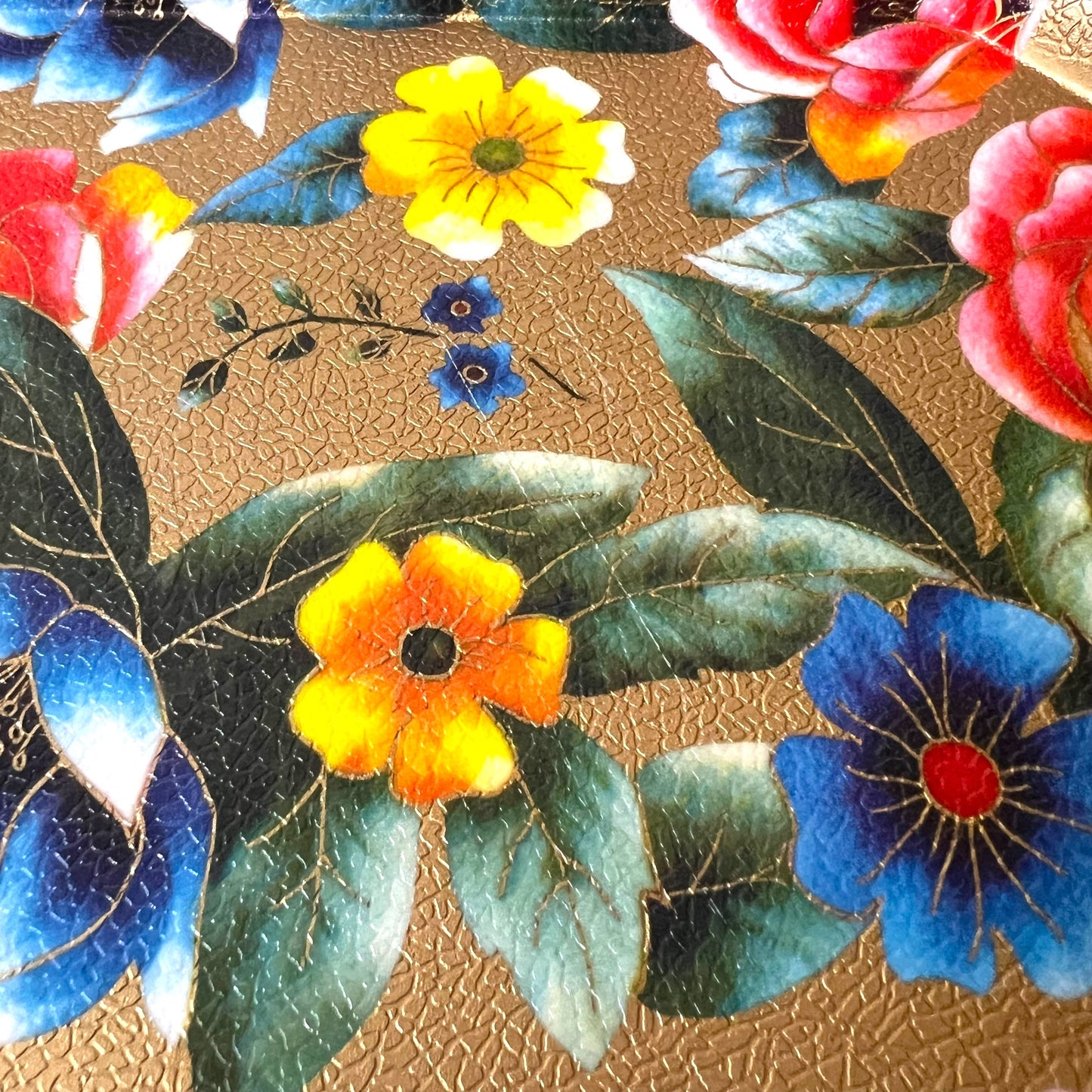 Floral Gold-Toned Metal Serving Tray - Vibrant Flower Pattern, Octagonal Shape